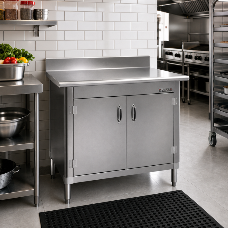 Product image #2 for Eagle Group 48 Inch Wide x 30 Inch Deep Enclosed Work Table with Cabinet Kit, Hinged Doors, 4-1/2 Inch Backsplash, 430 Stainless Steel Top