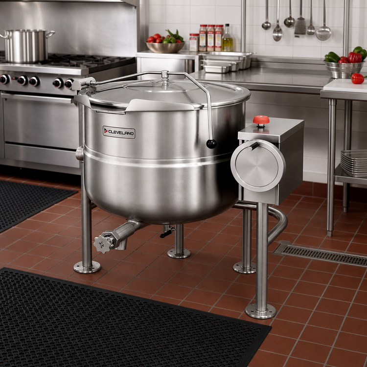 Product image #2 for Cleveland Range 80-Gallon Direct Steam Tilting Steam Kettle with 2/3 Steam Jacket and Open Quad-Leg Base
