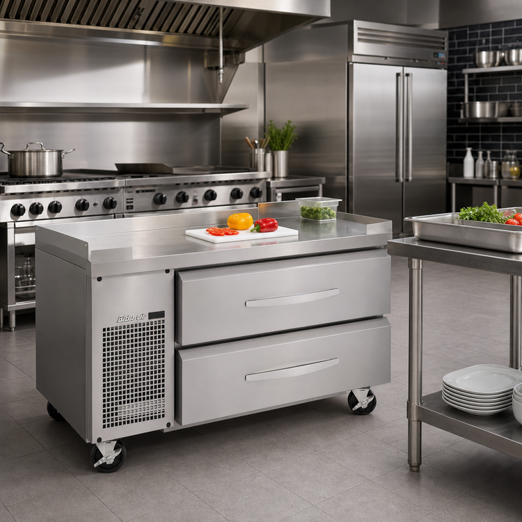 Product image #2 for Turbo Air PRO Series Flat Top Stainless Steel Chef Base Freezer with 2 Drawers, 48-1/8 Inch, Self-Contained Side-Mount Refrigeration