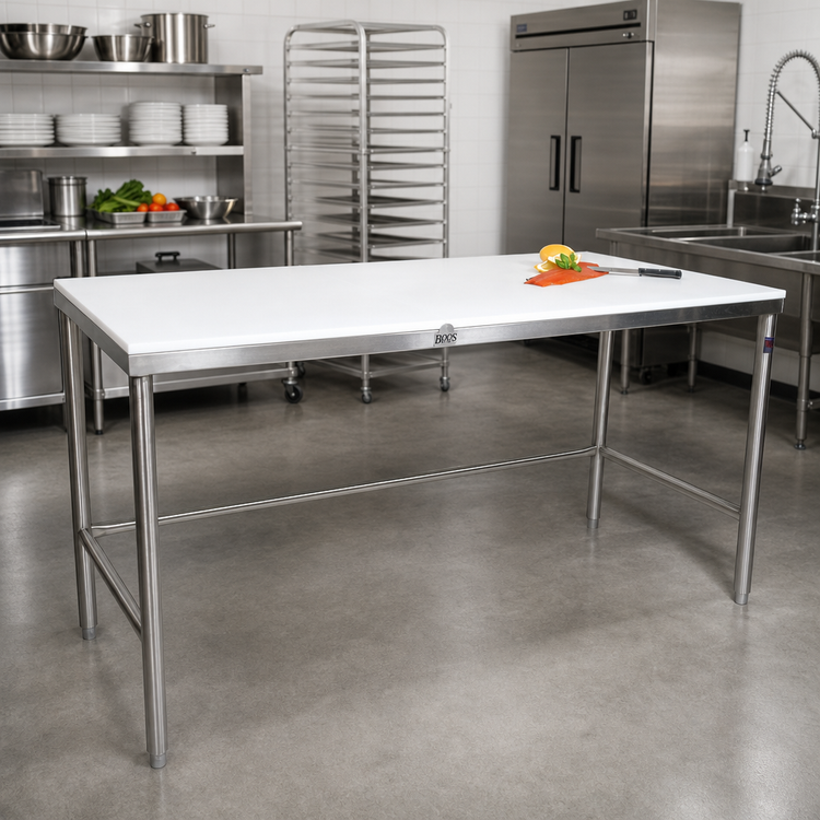 Product image #2 for John Boos 96 Inch x 30 Inch Trimming Table with 3/4 Inch Reversible Poly Flat Top and Stainless Steel Legs
