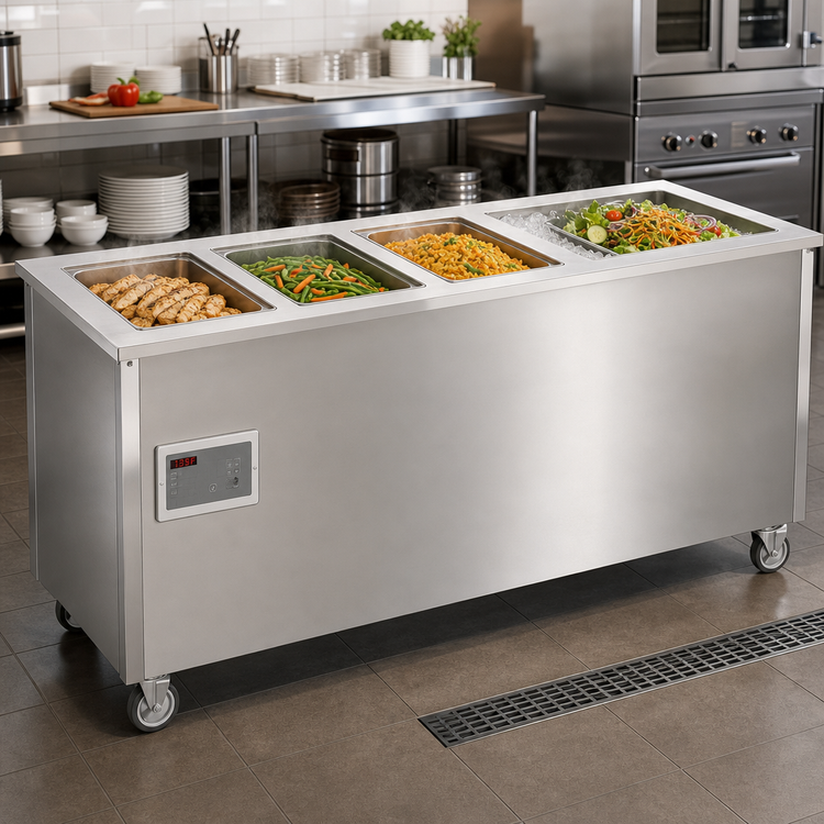 Product image #2 for Stainless Steel Modular Floor Model Hot/Cold Food Station with 3 Hot Wells and 1 Refrigerated Cold Pan, 74-Inch W x 28-Inch D x 27-Inch H