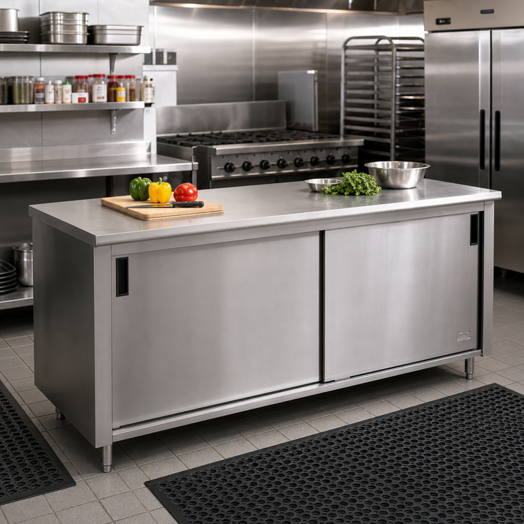 Product image #2 for Advance Tabco Special Value Series 120 Inch x 30 Inch Economy Enclosed Work Table with Cabinet Base and Sliding Doors