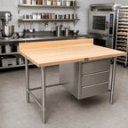 Thumbnail image #2 for John Boos BT1S04 96" x 30" Baker's Table with 1-3/4" Maple Top, 3 Drawers, 4" Coved Riser and Stainless Steel Base