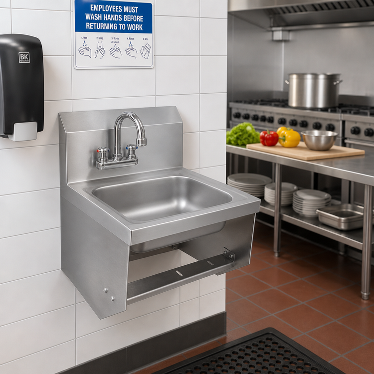 Product image #2 for BK Resources Wall-Mounted 304 Stainless Steel Hand Sink with 14" x 10" Bowl and Basket Drain