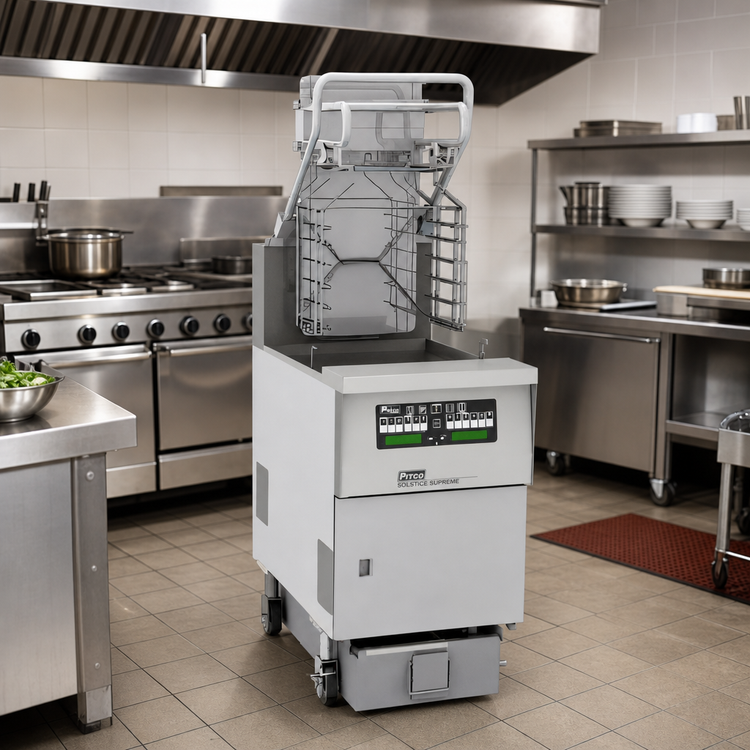 Product image #2 for Pitco Solstice Supreme Gas Reduced Oil Volume Rack Fryer System with Automatic Filtration, Lift Assist, and 76 lb Oil Capacity