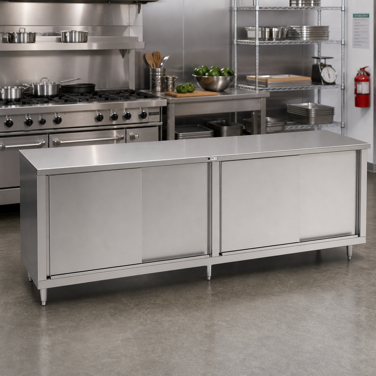 Product image #2 for John Boos Enclosed Stainless Steel Work Table with Sliding Doors, 120 x 30 Inch, 16-Gauge Top