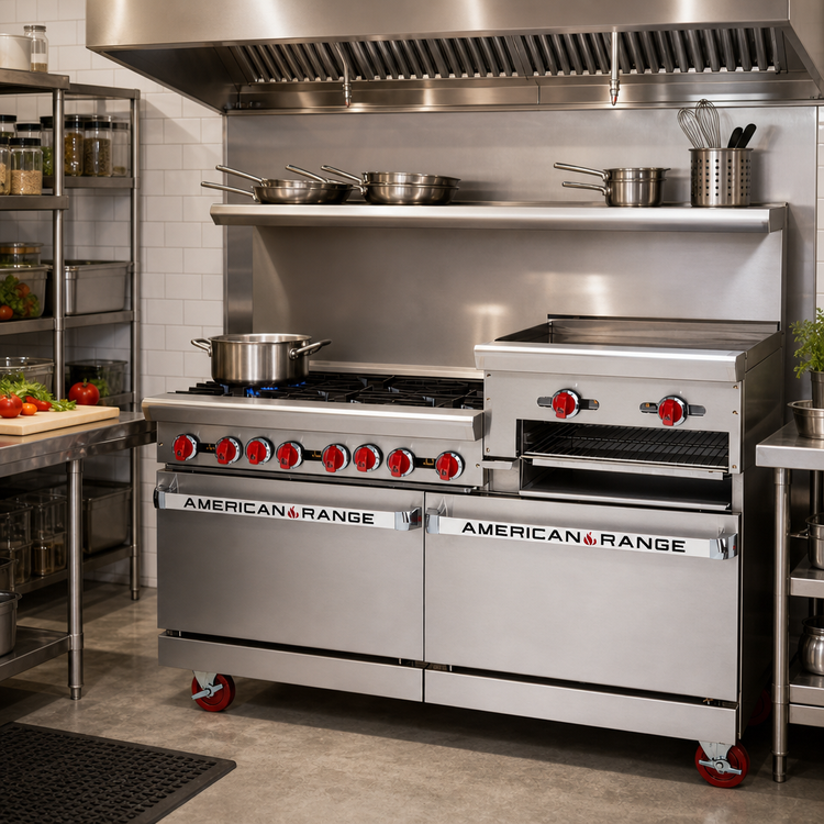 Product image #2 for American Range 48-Inch Gas Restaurant Range with 4 Open Burners, 24-Inch Raised Griddle/Broiler, Convection Oven and Storage Base