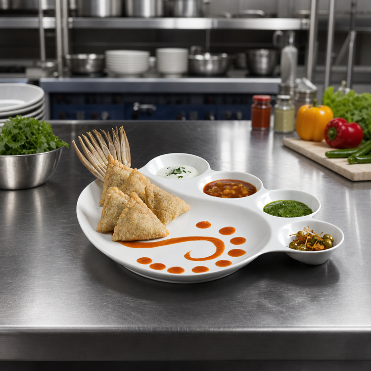 Product image #2 for American Metalcraft Porcelain Divided Impression Plate with Built-In Sauce Cups