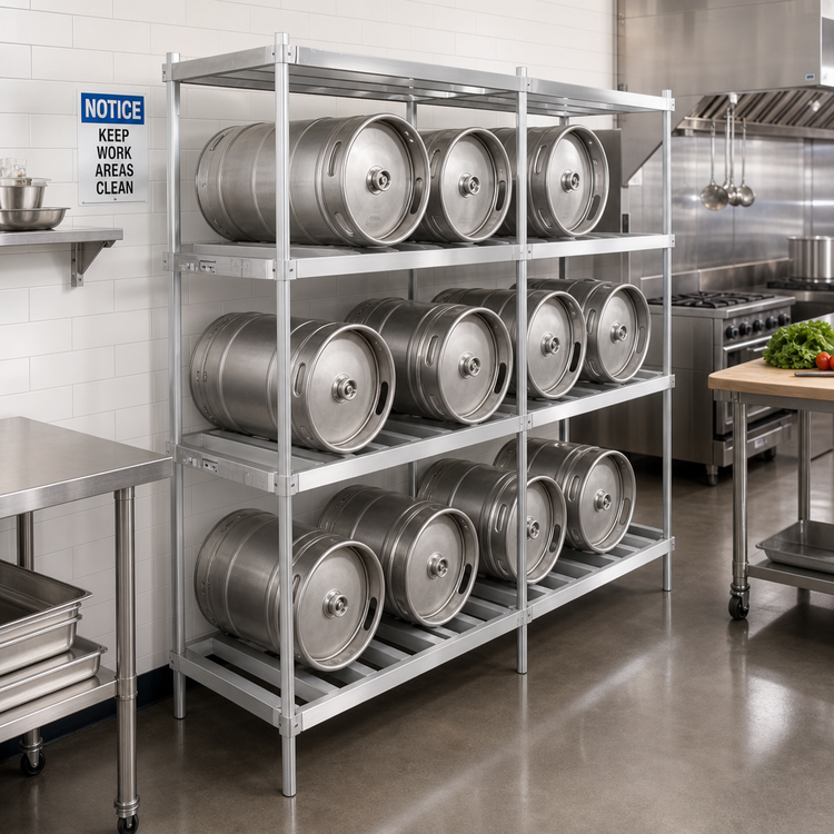 Product image #2 for John Boos 3-Shelf Aluminum Keg Rack, 72"W x 20"D x 76"H, 8-Keg Capacity