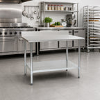 Thumbnail image #2 for Eagle Group Budget Series T3030B-BS 30 x 30 Inch 430 Stainless Steel Corner Work Table with 4-1/2 Inch Backsplash and Undershelf