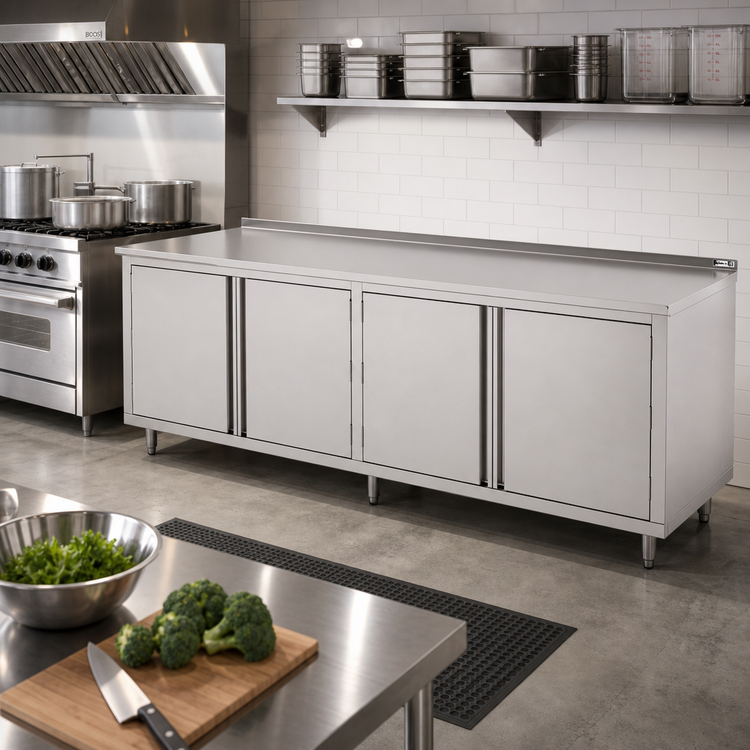 Product image #2 for John Boos 96-Inch x 30-Inch Enclosed Stainless Steel Work Table with Hinged Cabinet Doors and 1-1/2-Inch Rear Riser