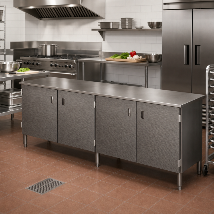 Product image #2 for John Boos Enclosed Base Work Table with Hinged Doors, 132 Inch x 24 Inch, 16 Gauge Stainless Steel Flat Top