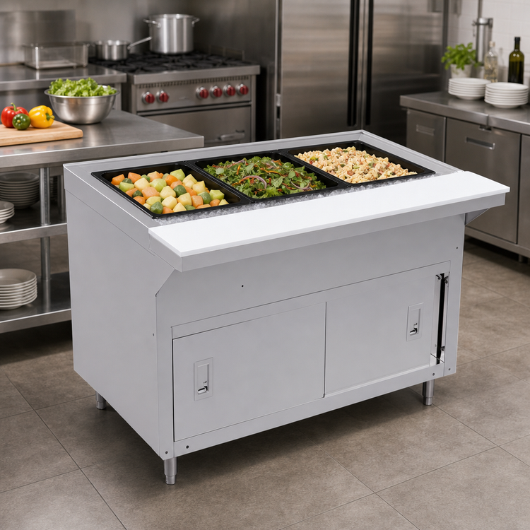Product image #2 for Advance Tabco Triumph Supreme Heavy Duty Ice-Cooled Serving Counter, 47-1/8"W x 36-1/4"D x 35"H, 3-Pan