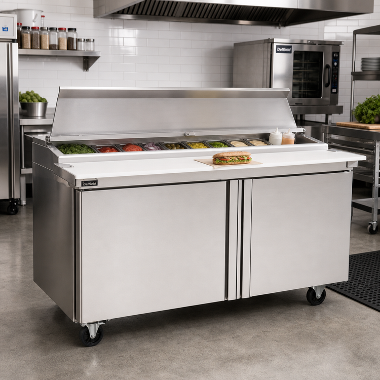 Product image #2 for Delfield Two-Section Sandwich/Salad Prep Table Refrigerator with 8-Pan Top, 60-Inch, 2-Door