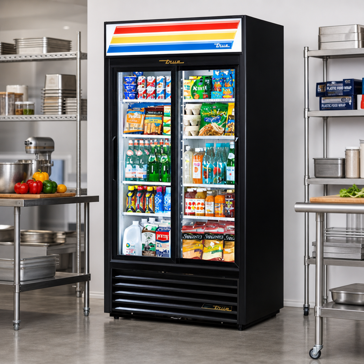 Product image #2 for True 2-Section Sliding Glass Door Merchandiser Refrigerator with 8 Shelves and LED Lighting