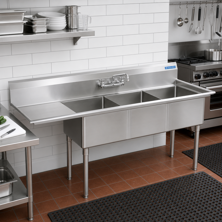 Product image #2 for BK Resources Three Compartment Stainless Steel Sink with 24-Inch Left Drainboard and 18 x 24 x 14-Inch Bowls