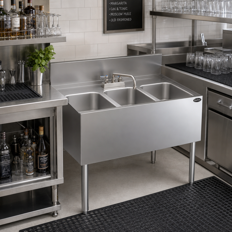 Product image #2 for Krowne Royal Series Three-Compartment Underbar Sink Unit with Deck-Mount Swing-Spout Faucet, 36 x 24 Inches