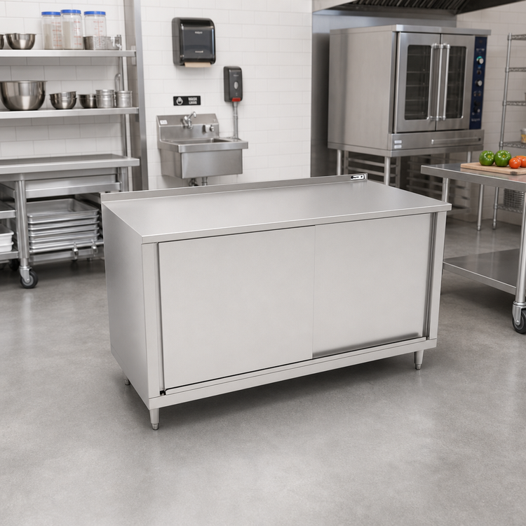 Product image #2 for John Boos 48 Inch x 36 Inch Enclosed Work Table with Sliding Doors and 1-1/2 Inch Rear Up-Turn