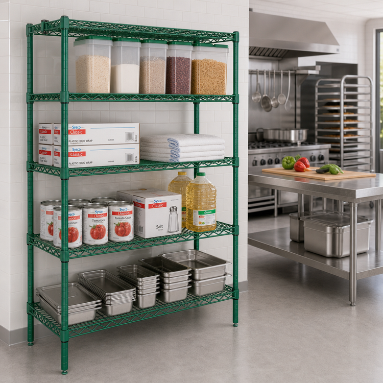 Product image #2 for Quantum 4-Shelf Stationary Wire Shelving Starter Kit, 42"W x 30"D x 54"H, 600-800 lb Capacity, Green Epoxy Antimicrobial Finish