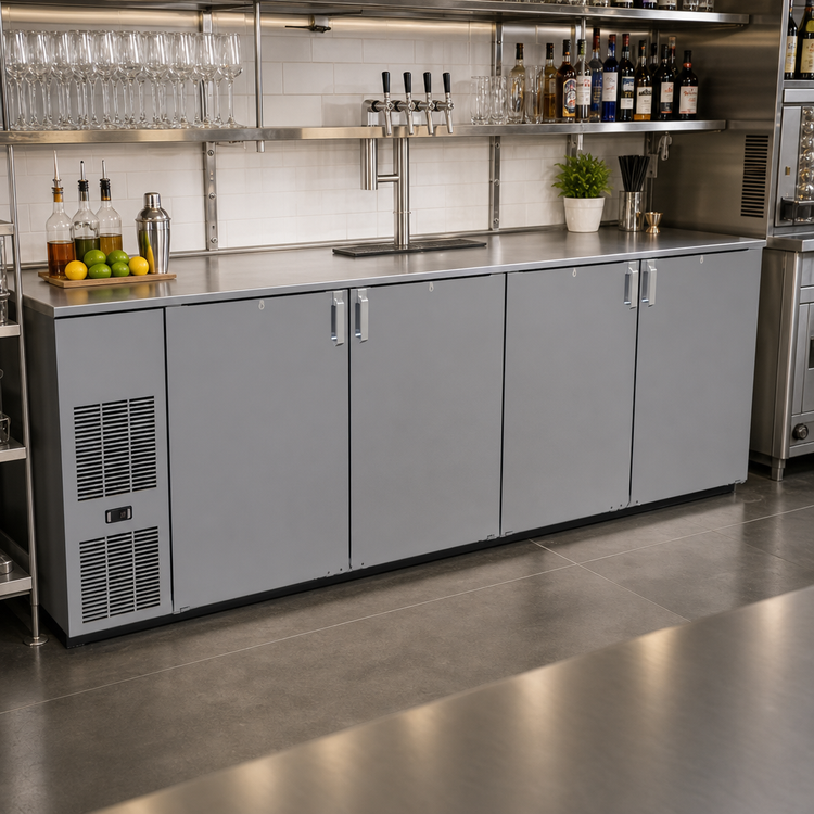 Product image #2 for Glastender C1FB108 One-Zone Front-Serviced Bar Profile Back Bar Cooler, 108 Inch, Four-Section, 4-Door