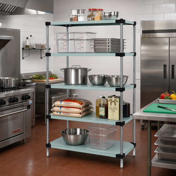 Product image #2 for Quantum Stainless Steel Solid Shelving Starter Kit, 48"W x 18"D x 74"H, 5 Shelves