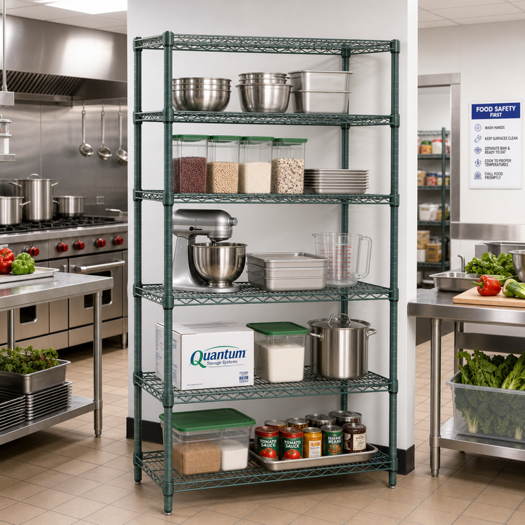 Product image #2 for Quantum 5-Shelf Stationary Wire Shelving Starter Kit, 54 x 18 x 86 Inch, Green Epoxy Antimicrobial Finish