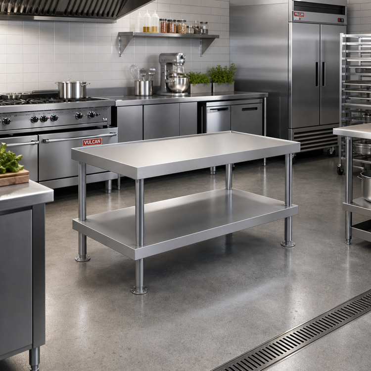 Product image #2 for Vulcan 61-Inch Wide Stainless Steel Equipment Stand with Undershelf and Flanged Feet