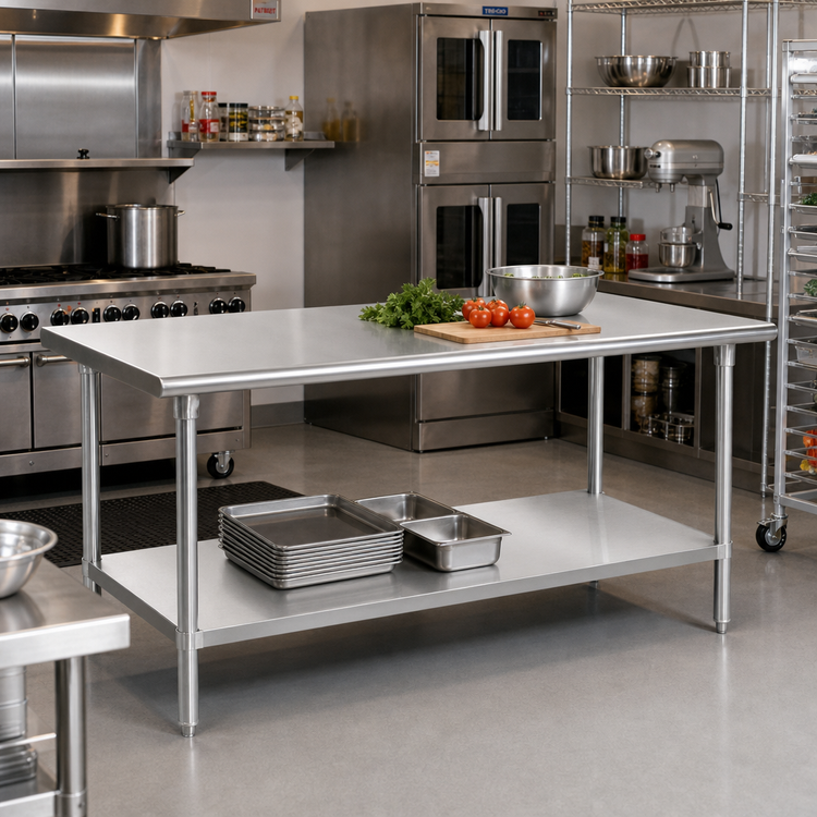 Product image #2 for Advance Tabco 84" x 36" 16-Gauge 304 Stainless Steel Flat Top Work Table with Adjustable Undershelf