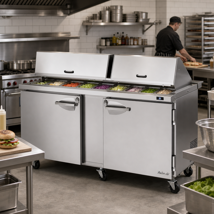 Product image #2 for Turbo Air PRO Series 2-Section Mega Top Sandwich/Salad Prep Table with Dual-Sided Lids, 30-Pan, 72-5/8-Inch