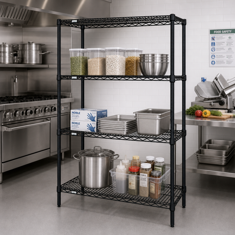 Product image #2 for Quantum Wire Shelving Starter Kit, 72W x 14D x 86H, 4 Shelves, Black Epoxy Antimicrobial Finish