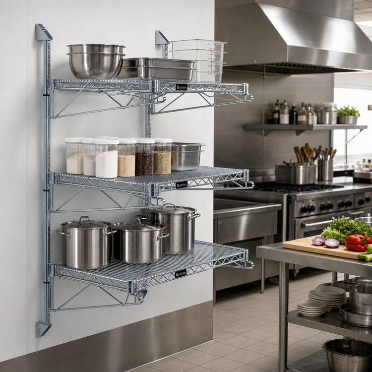 Product image #2 for Quantum Wall-Mounted Cantilever Starter Shelf Unit with 3 Wire Shelves and 54-Inch Posts