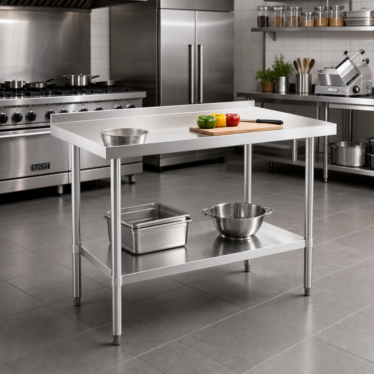 Product image #2 for Stainless Steel Open Base Worktable with Undershelf, 60 x 24 x 34 Inches, 18-Gauge 304 Top, 2-Inch Rear Backsplash