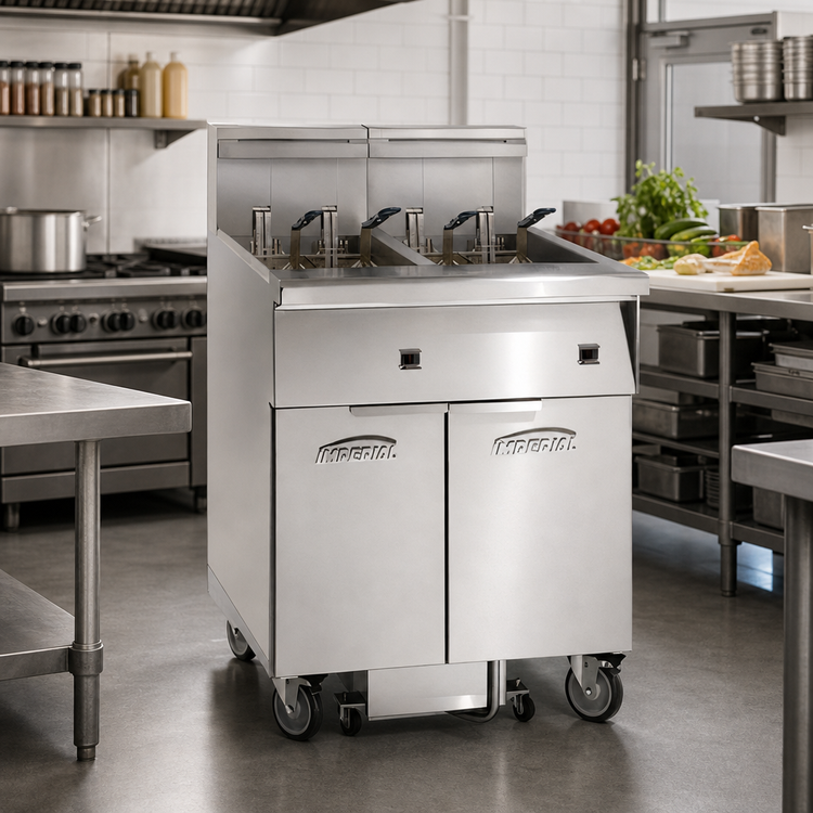 Product image #2 for Imperial IFSSP275EU Electric 2-Tank Floor Fryer with Built-In Space Saver Filter System, 75 lb. per Tank, Tilt-Up Elements