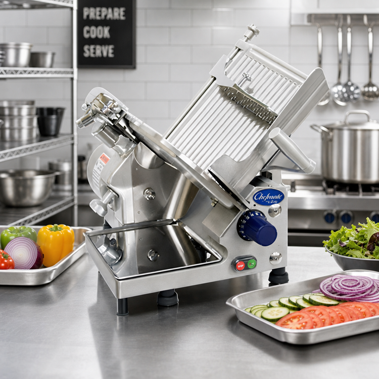 Product image #2 for Chefmate™ Medium Duty Compact Manual Food Slicer, 12-Inch Knife, Gear-Driven, 115V