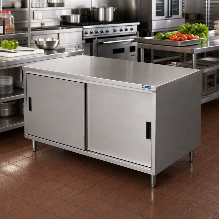 Product image #2 for BK Resources Enclosed Chef Table with Sliding Door Cabinet Base, 36 x 30 x 34-3/4 Inches, 14-Gauge 304 Stainless Steel Top