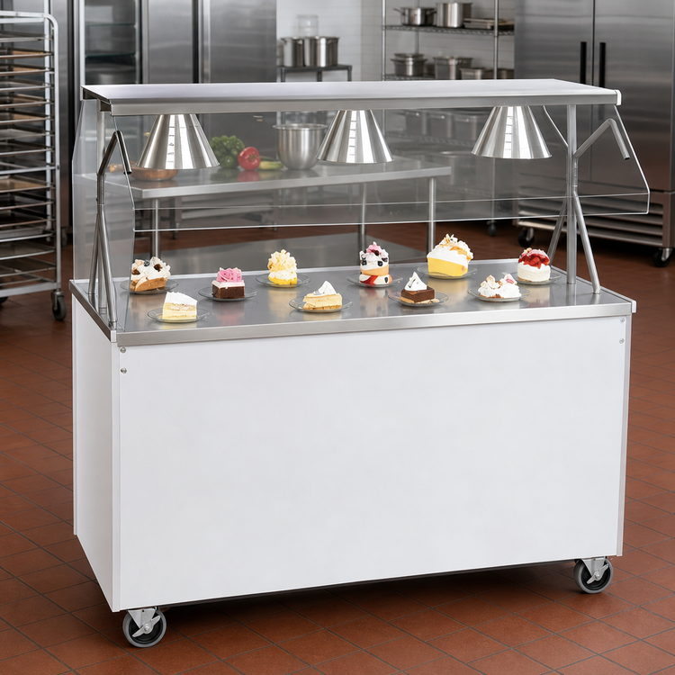 Product image #2 for Vollrath 2-Series Affordable Portable 46-Inch Mobile Utility Station with Stainless Steel Seamless Top, Buffet Breath Guard, and White Vinyl-Clad Base