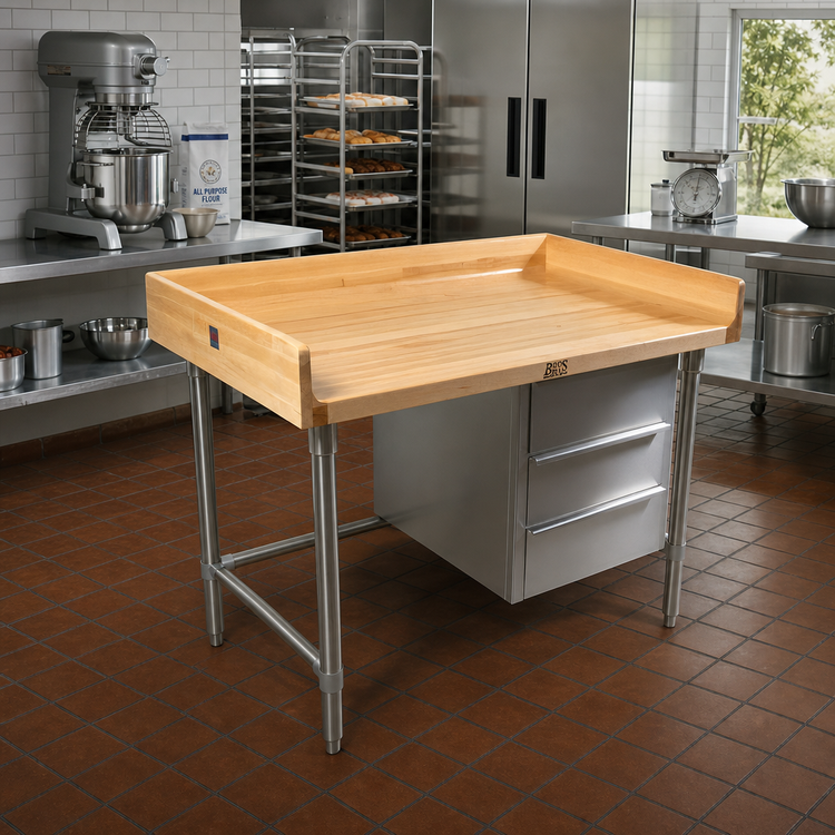 Product image #2 for John Boos 48-Inch x 30-Inch Baker's Table with 1-3/4-Inch Maple Top, 4-Inch Coved Riser, and 3 Drawers