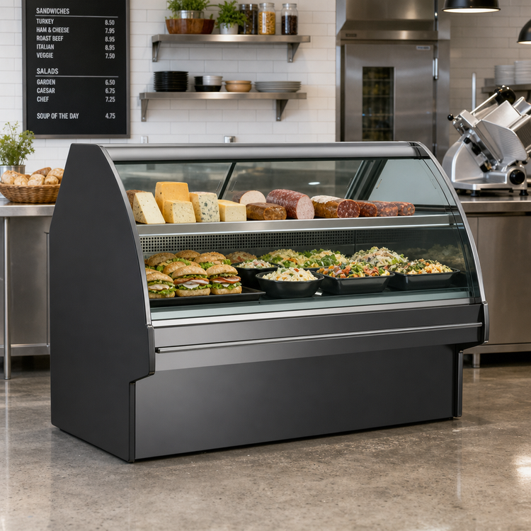 Product image #2 for Structural Concepts Fusion® GLDS6R Self-Contained Refrigerated Single-Deck Deli Merchandiser, 75-3/8" W, Curved Lift-Up Front Glass