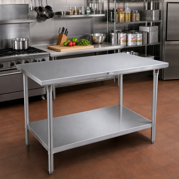 Product image #2 for John Boos Stallion 60-Inch x 36-Inch 16-Gauge 300 Series Stainless Steel Flat-Top Work Table with Galvanized Base and Adjustable Undershelf
