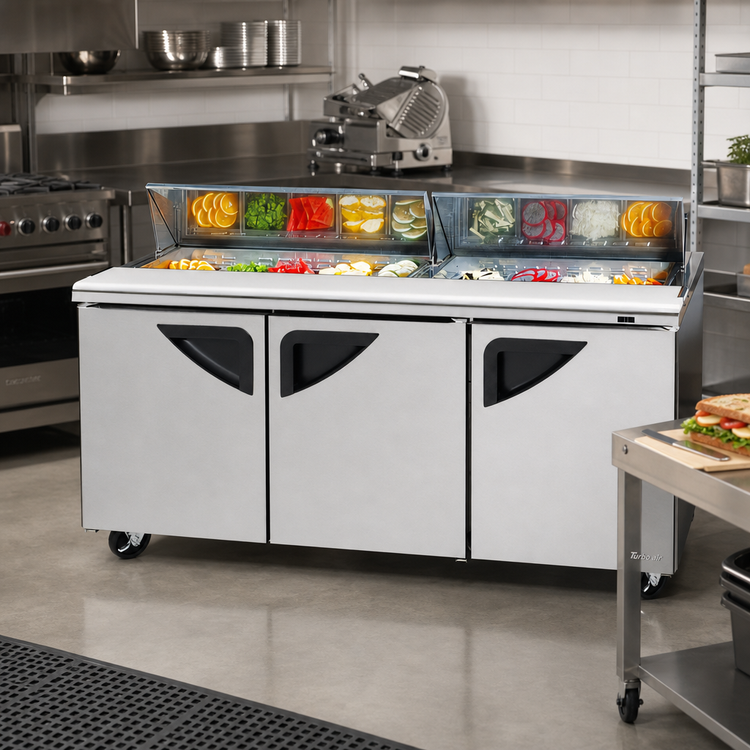 Product image #2 for Turbo Air Super Deluxe Three-Section Sandwich/Salad Prep Table Refrigerator with 18-Pan Opening