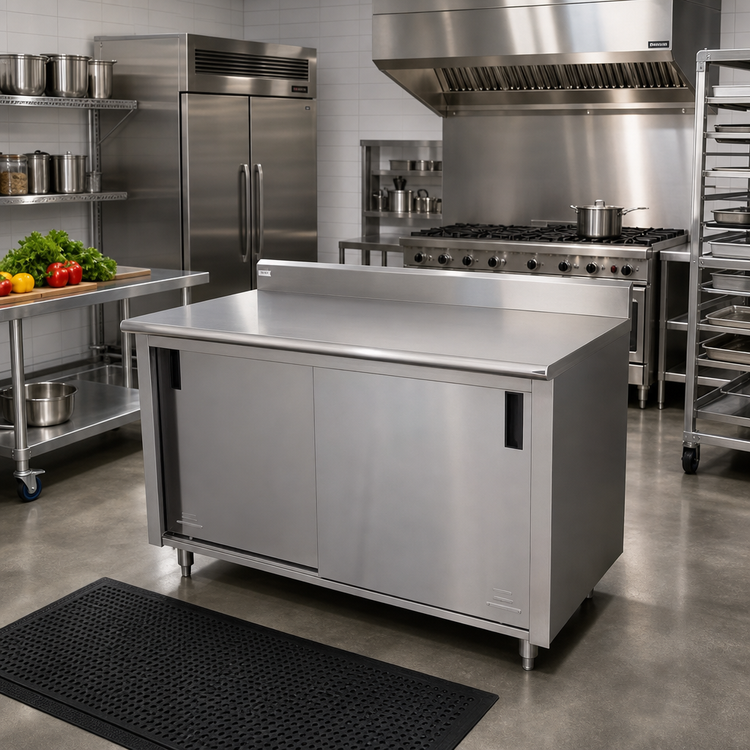 Product image #2 for Advance Tabco Enclosed Cabinet Base Work Table with Sliding Doors, 108 x 30 Inches, 16-Gauge 304 Stainless Steel Top