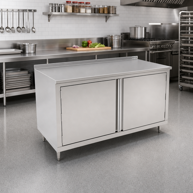 Product image #2 for John Boos Enclosed Cabinet Base Work Table with Hinged Double Doors, 72 x 30 Inches, 14-Gauge 300 Series Stainless Steel Top, 1-1/2 Inch Rear Upturn