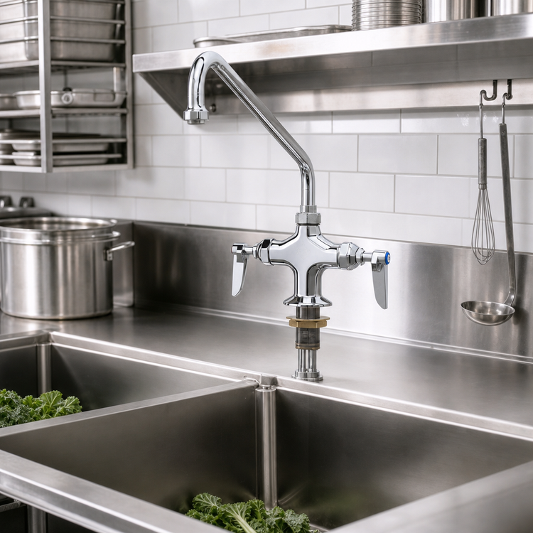Product image #2 for T&S Brass Double Pantry Faucet with 18-Inch Swing Nozzle, Deck Mounted, Lever Handles, 4-Inch Centers
