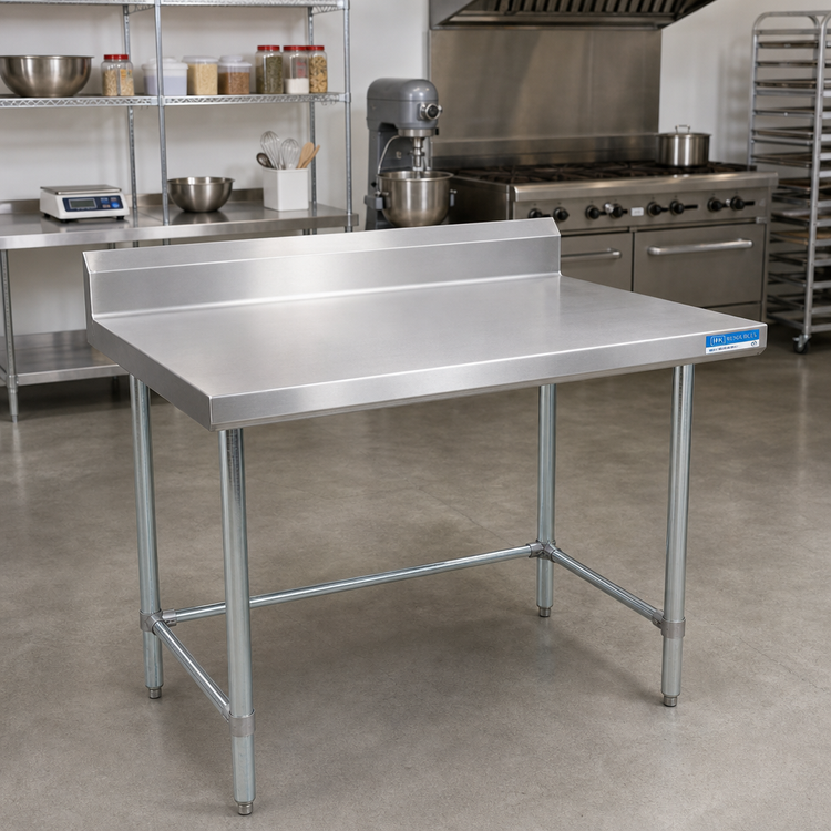 Product image #2 for BK Resources 84 Inch x 30 Inch 16 Gauge 304 Stainless Steel Work Table with 5 Inch Riser and Open Base