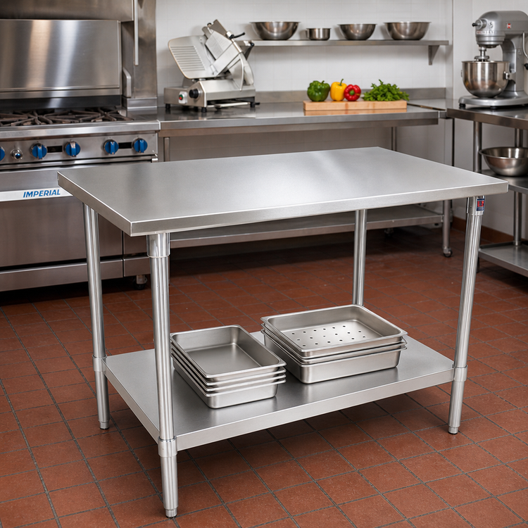 Product image #2 for John Boos Stallion 48"W x 36"D 14-Gauge 300 Series Stainless Steel Top Work Table with Galvanized Legs & Undershelf