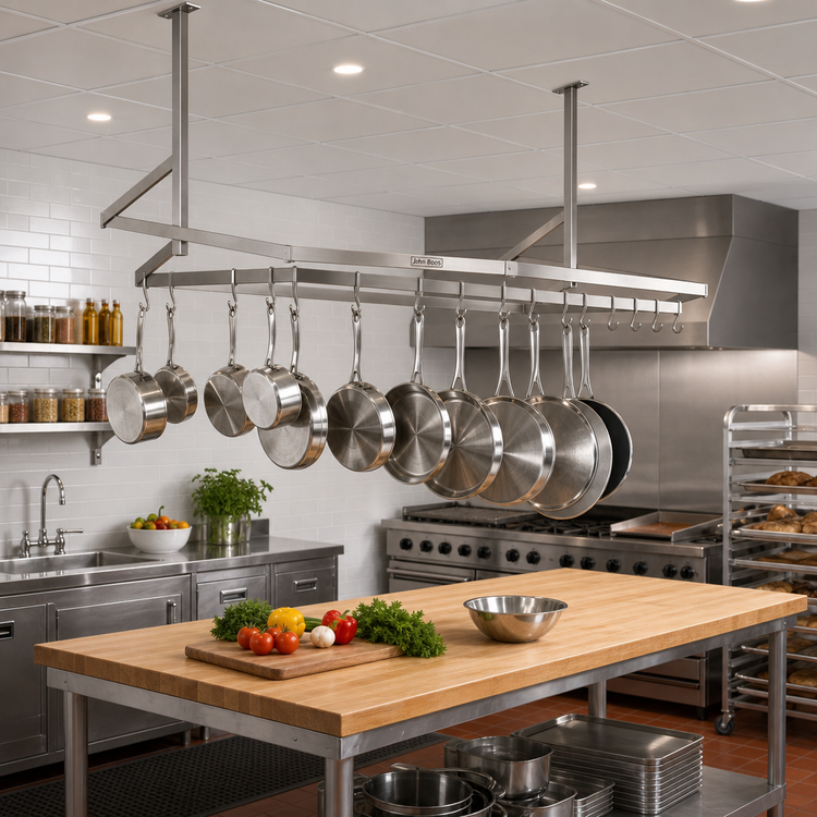 Product image #2 for John Boos 79-1/4-Inch Ceiling-Mounted Double-Bar Stainless Steel Pot Rack with 14 Double Hooks