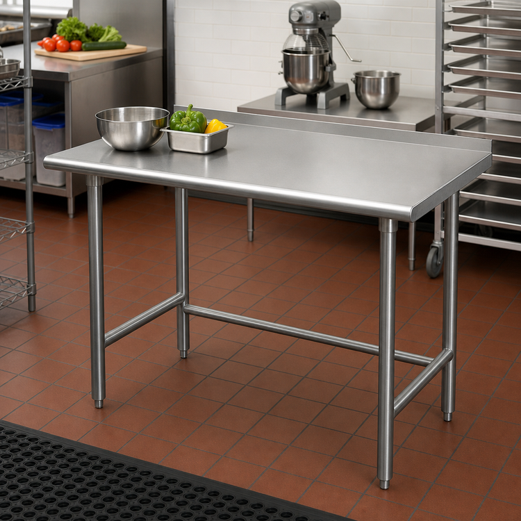 Product image #2 for Advance Tabco Special Value Series 48 Inch x 30 Inch Stainless Steel Open Base Work Table with 1-1/2 Inch Rear Backsplash