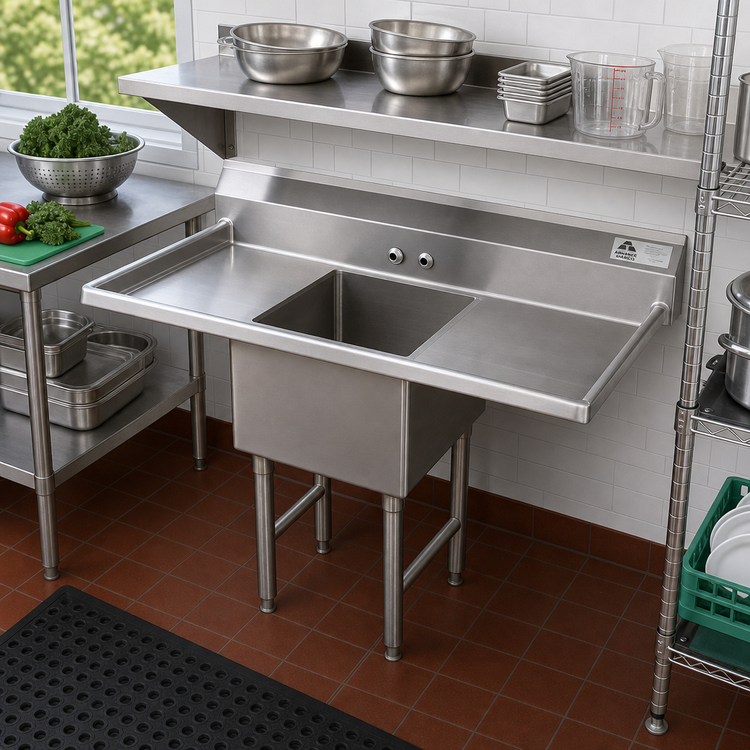 Product image #2 for Advance Tabco Special Value Series 1-Compartment Fabricated Sink with Left & Right Drainboards, 18" x 24" Bowl, 304 Stainless Steel
