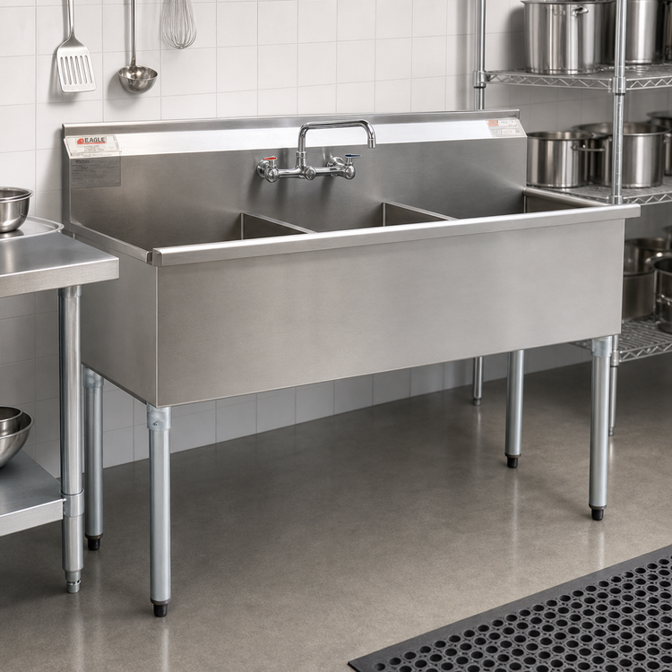Product image #2 for Eagle Group 61-3/8 Inch Three-Compartment Utility Sink, 16-Gauge 430 Stainless Steel, No Drainboards