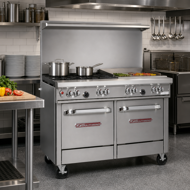 Product image #2 for Southbend Ultimate 48-Inch Commercial Gas Restaurant Range with 4 Burners, 24-Inch Griddle, and 2 Space Saver Ovens